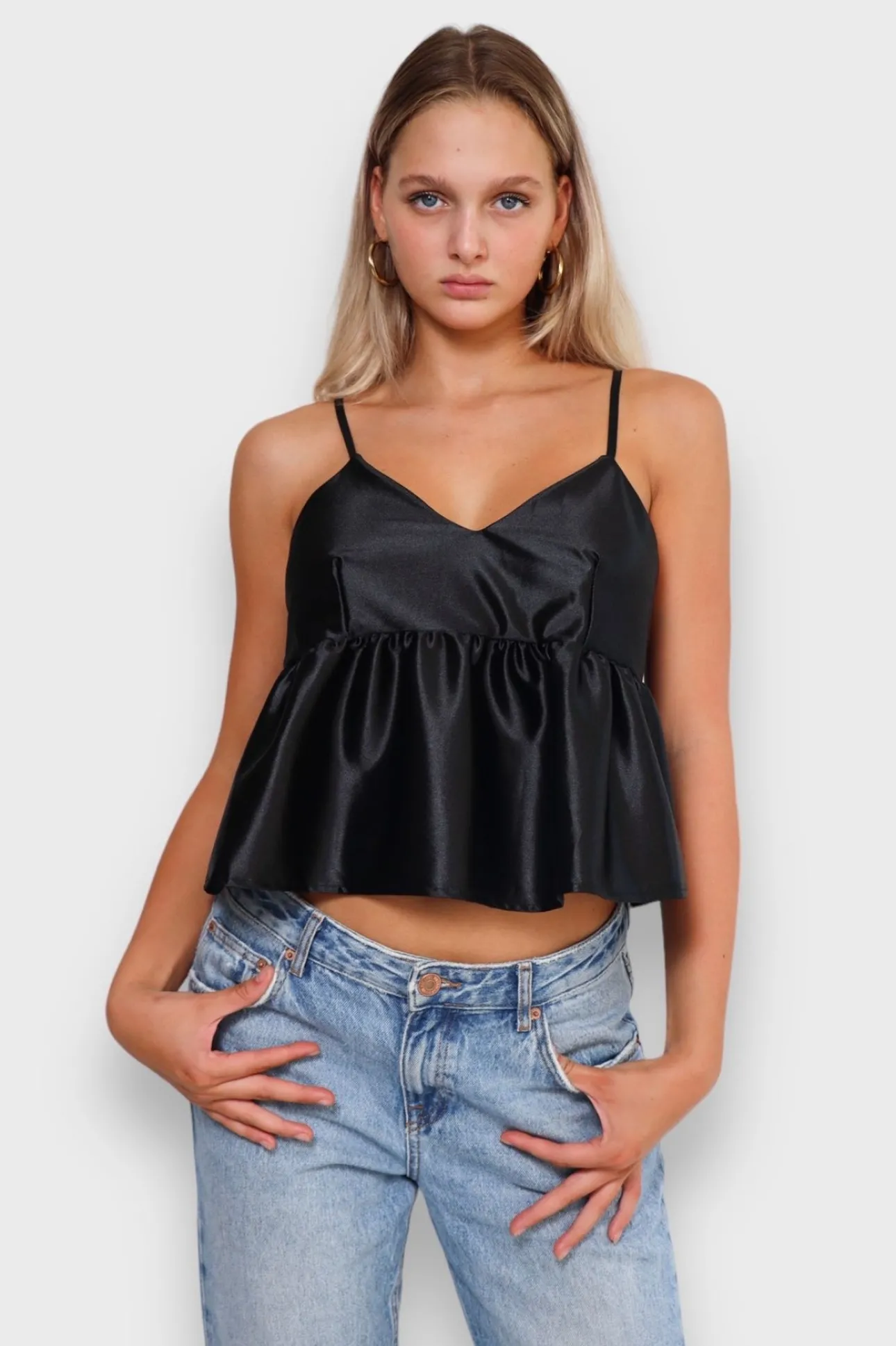 Hauts>Meet Me There Silk Peplum Top Black